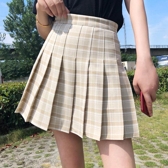 Summer Women Thin Sexy Anti-light Green Plaid Pleated Skirt Student High Waist Cute A-line Skirt