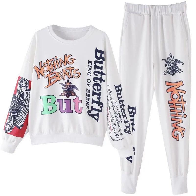 2PCS Women's Spring and Summer Sports Suit Casual Loose Long Sleeve Sweater + Loose Pants Two Pieces Ladies Personality Slimming Print Fitness Suit