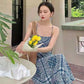 Female Vintage Slim Holiday Dress Elegant Suspender Backless Print Vacation Dress Long Casual A-line Beach Dress