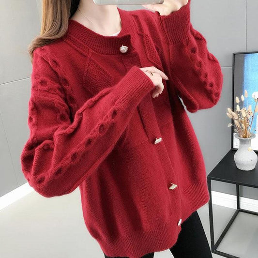 Autumn and Winter Cardigan Casual Jacket Fashion Knit Solid Color Sweater Loose-fitting Ladies Jacket