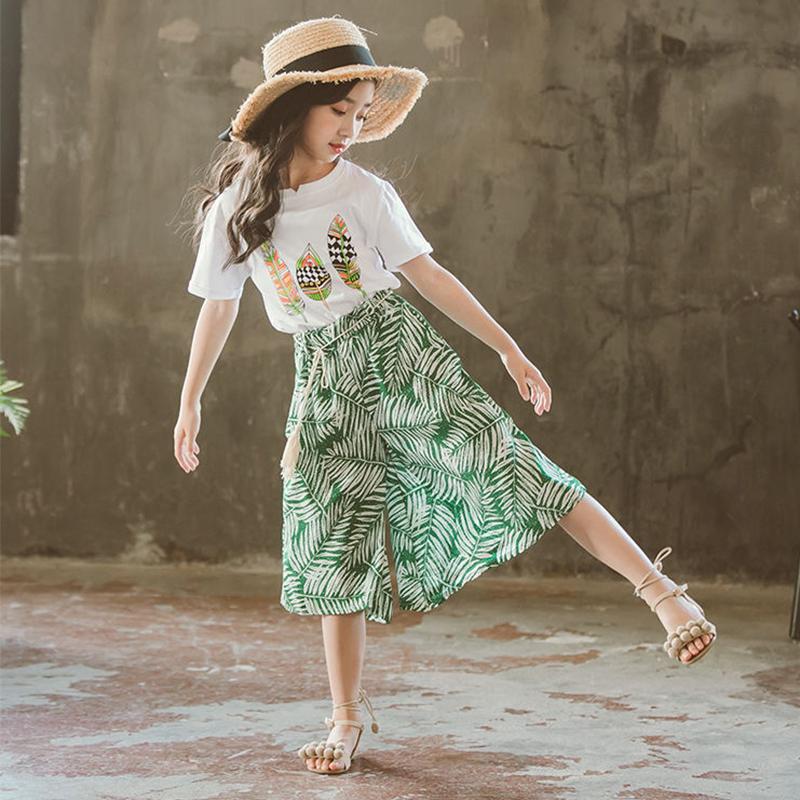 Girls' Summer Fashionable Suits Big Kids Children's Clothes Western Style Wide-leg Pants Printed Two-piece Suit