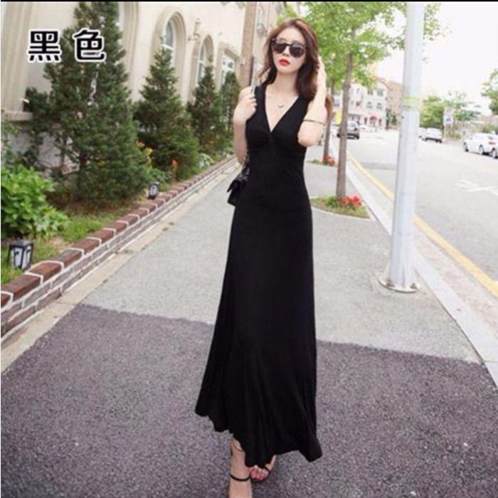 Fashion Woman Spaghetti Strap Dress Sleeveless V-neck Elastic Sexy Beach  Party Dress Long