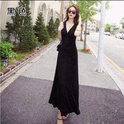 Fashion Woman Spaghetti Strap Dress Sleeveless V-neck Elastic Sexy Beach  Party Dress Long