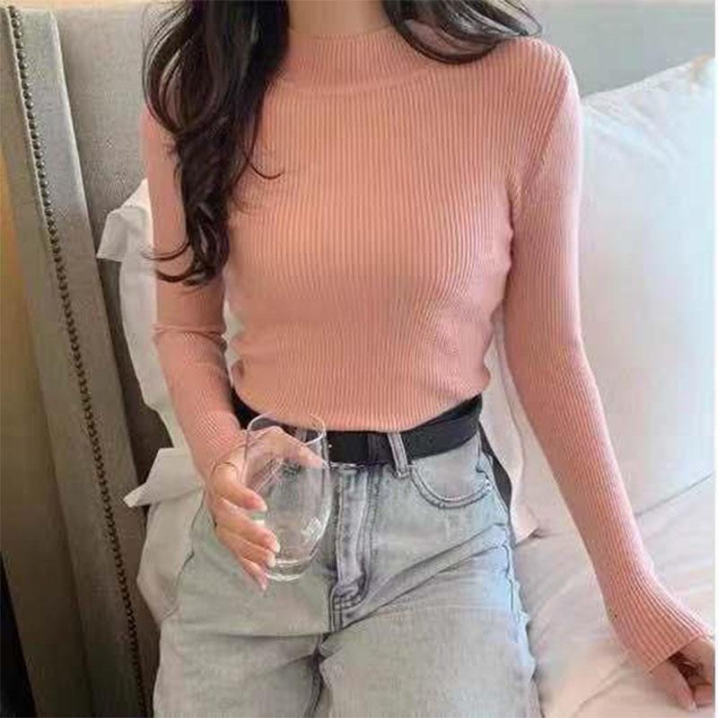 Autumn and Winter Long-sleeved  All-match Solid Color Korean Half Turtleneck Sweater Student Slim Knit Bottoming Shirt Top Women