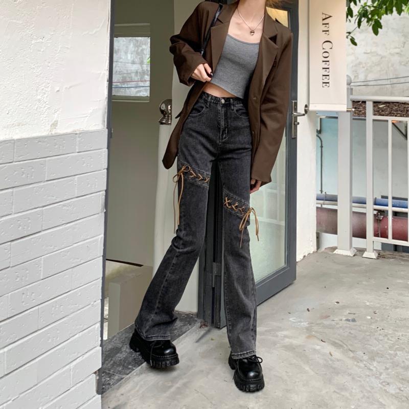 Tie High Waist Micro-horn Jeans Female Autumn and Winter New CHIC Slim Slimming Towards Straight Pants Pants