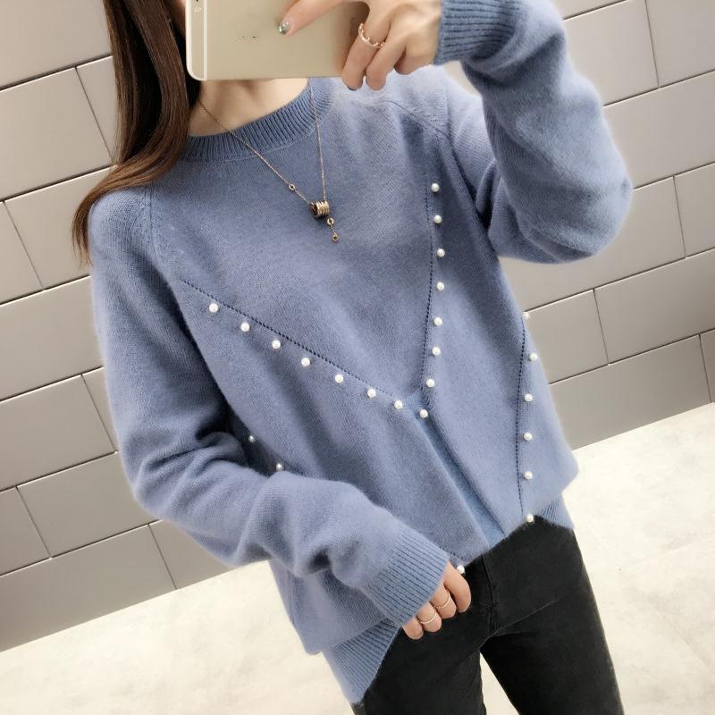 Autumn and Winter Loose Top with Round Neck Sweater All-match Beaded Female Bottoming Shirt