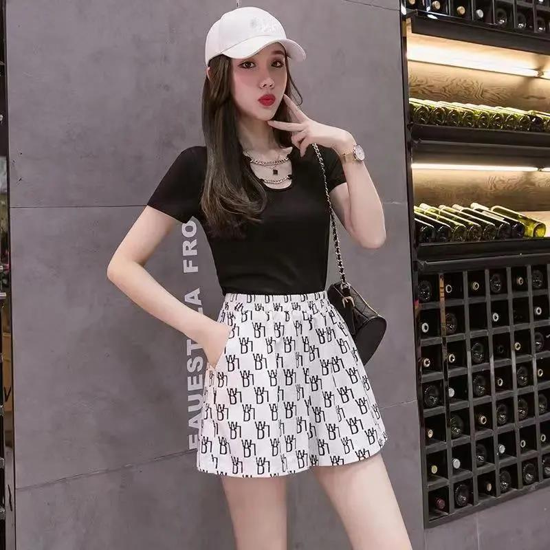 Letter High Waist Casual Shorts Women's Thin and Loose High Wide-leg Shorts Women's Casual Sports Shorts Women's Thin and Breathable