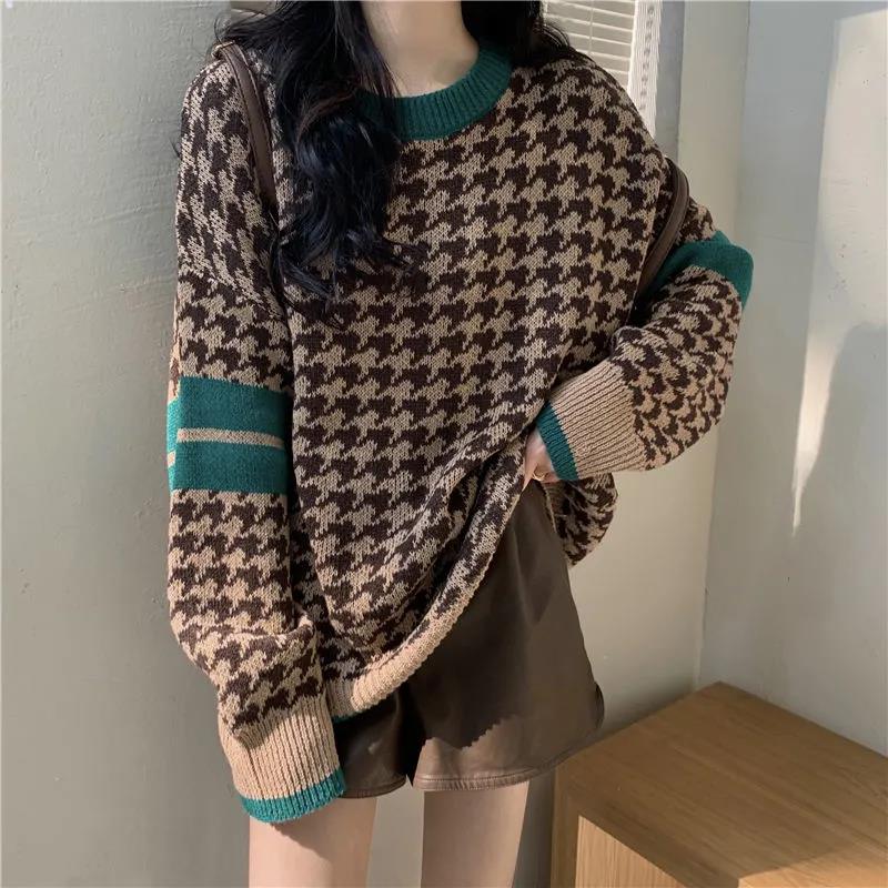 Korean Style Lazy Sweater Women's Autumn and Winter Knitted Trendy Ins Loose Foreign Style Round Neck Retro Houndstooth Top
