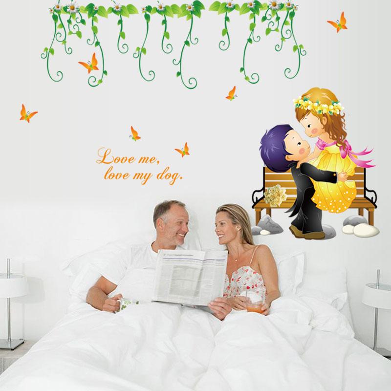 [Wall sticker ]New Cartoon Bride And Groom Wall Stickers Romantic Wedding Decorative Decals Wall Bed