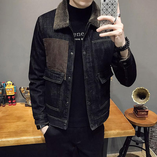 Winter Men's Denim Jacket Plus Size Korean Trend Warm Lamb Fur Collar Plus Velvet Thick Slim Jacket