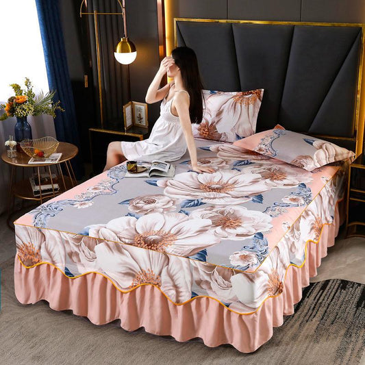 3pcs/set Cute Princess Style Sheets Korean Queen-size Bed Skirt Printed One-piece Sheets