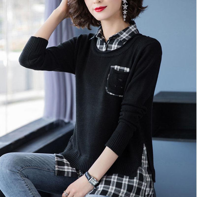 Spring and Autumn Shirt Collar Knitted Top Loose and Thin Long Sleeve Top Fashion Casual Women's Undershirt
