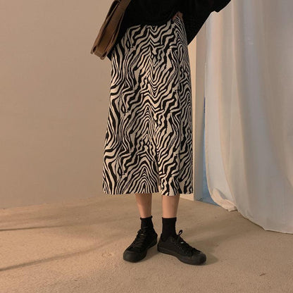 Retro Zebra Patter Skirt Female Spring and Autumn All-match Temperament High Waist Split A-line Skirt Mid-length