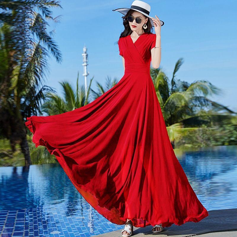 Summer Long Chiffon Dress Temperament V-neck Waist Slimming Long Dress Beach Long Dress Temperament Elegant Dance Dress