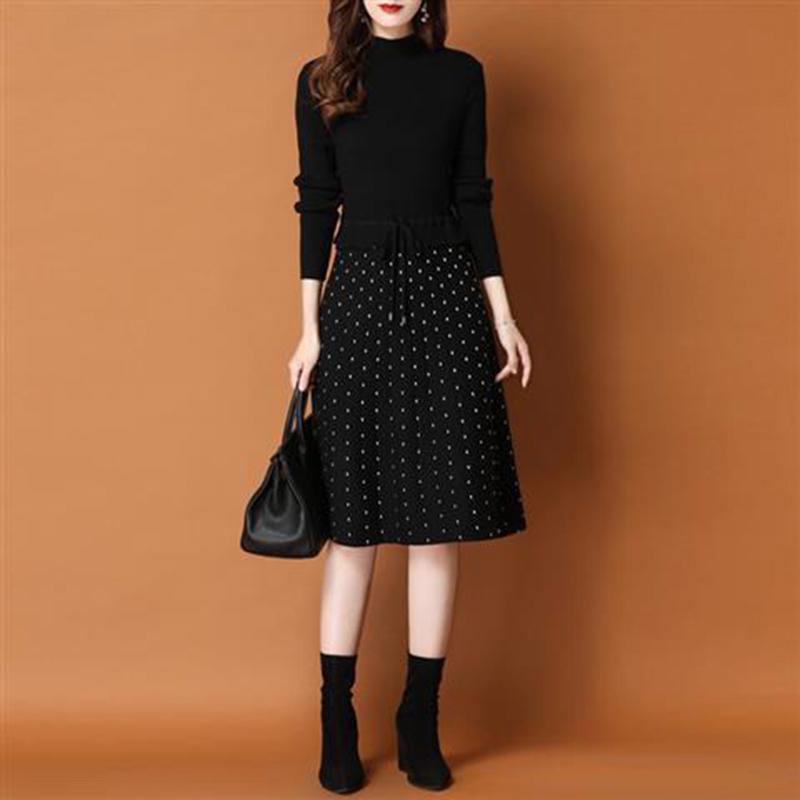 Winter Knit Dress Long Sleeve Slim Fit Polka Dot Sweater Dress Lady Ladies Warm Long Skirt