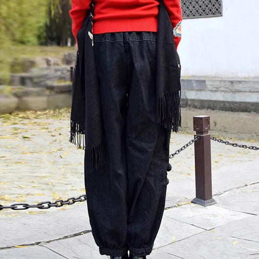 Ethnic Style Spring and Autumn Loose Trousers Casual Embroidered Jeans Women's Wide-leg Trousers