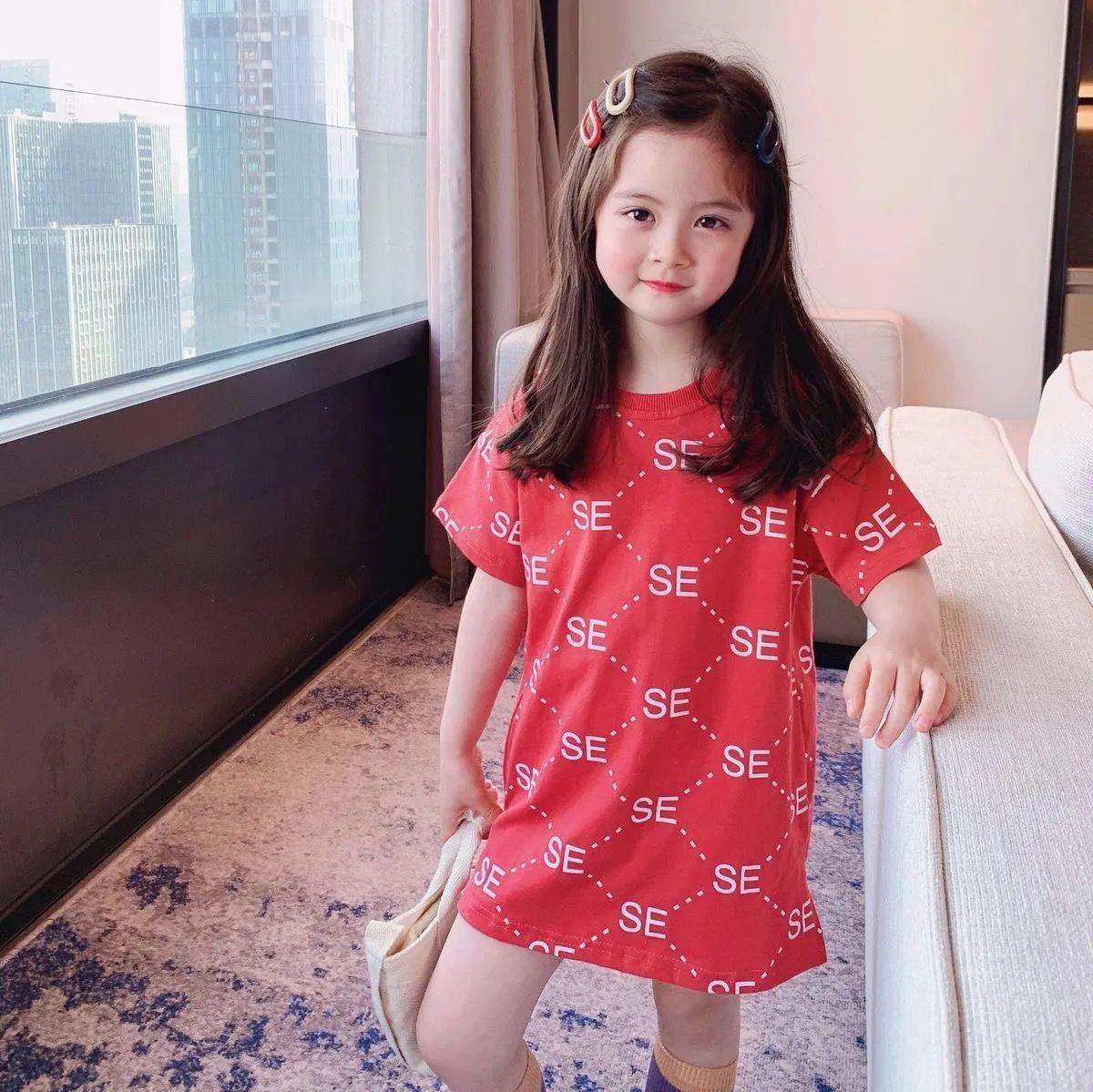 Children Dress Girls' Summer Printed Letter Short Sleeve T shirt Dress Korean Sweet Casual Dress Straight Dress