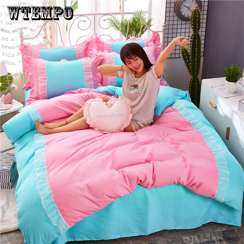 WTEMPO White Pink Lace Bedding Set Bedspread Beautiful Princess Style Kid Girls Twin Full Queen