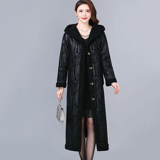 Winter Coat Mid-length Loose Fashion Ladies Plus Velvet Western Style V-neck Deerskin Velvet Coat Women