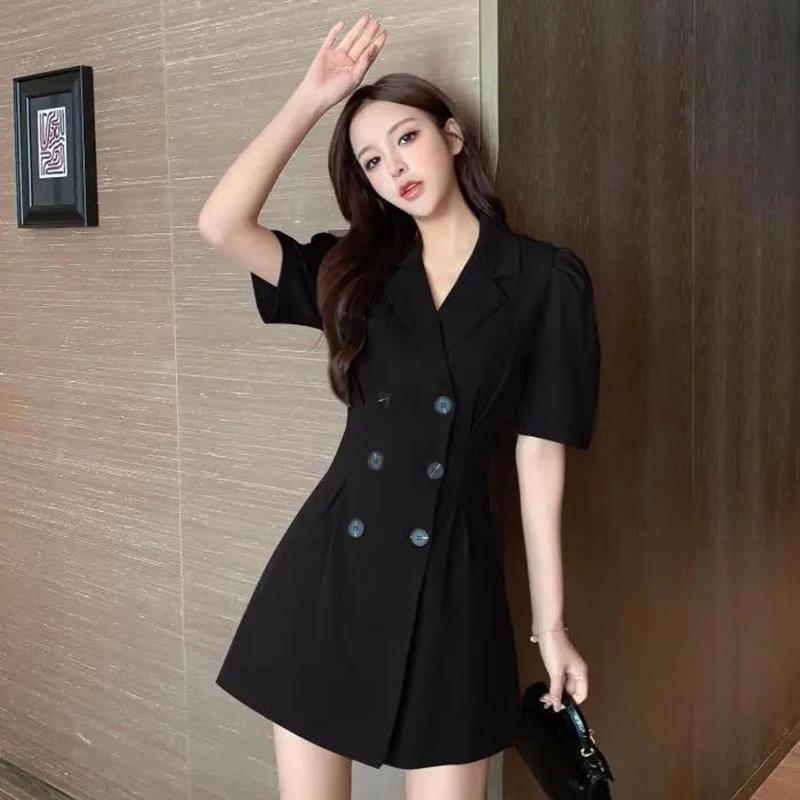 Summer Waist Thin Suit Collar Dress All-match Temperament Can Be Salty or Sweet Midi Skirt Women's Solid Color Casual A-line Skirt