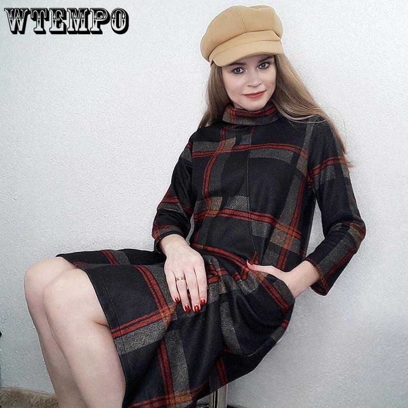 Plaid dress Long Sleeve Cotton Woolen Plus Size Vintage Women Casual Loose Autumn Winter Dress Elegant Clothes