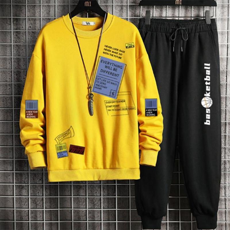 Suit Men's Spring and Summer Men's Loose Long-sleeved Sportswear Trend Students Large Size Casual Sports Pants with A Set