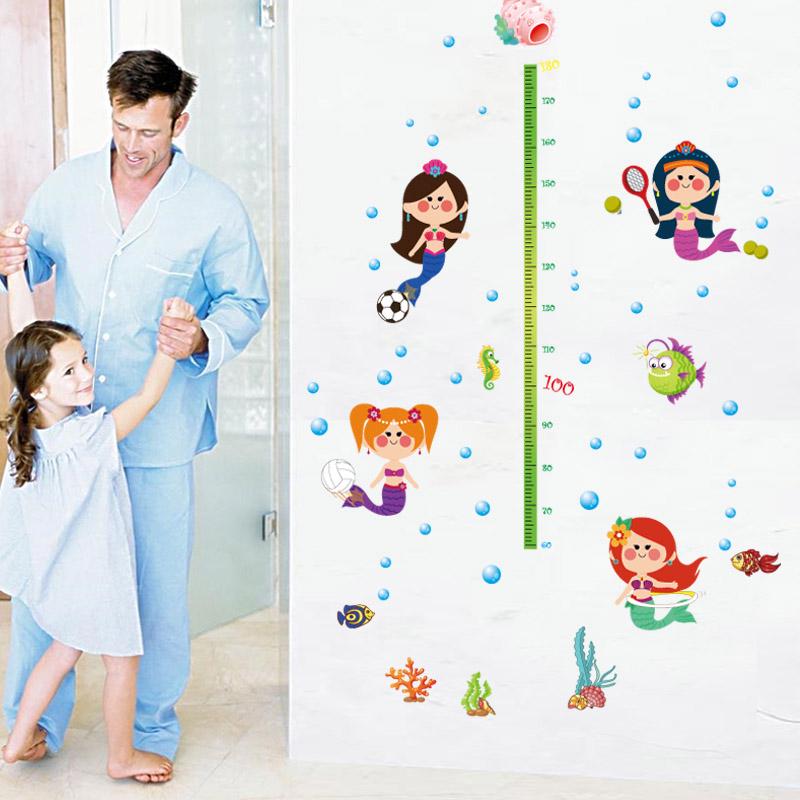[Wall sticker ]Mermaid Fish Height Wall Stickers For Kids Rooms Baby Room Nursery Bathroom Living Ro