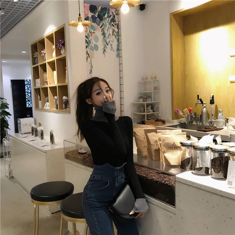 Pofulove Winter Sweater Student  Version of The Turtleneck Contrast Color Long-sleeved with Knit
