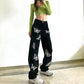 Design Butterfly Personality Print Jeans Female Korean Version of Retro Thin Loose Wild Black Straight Pants Tide