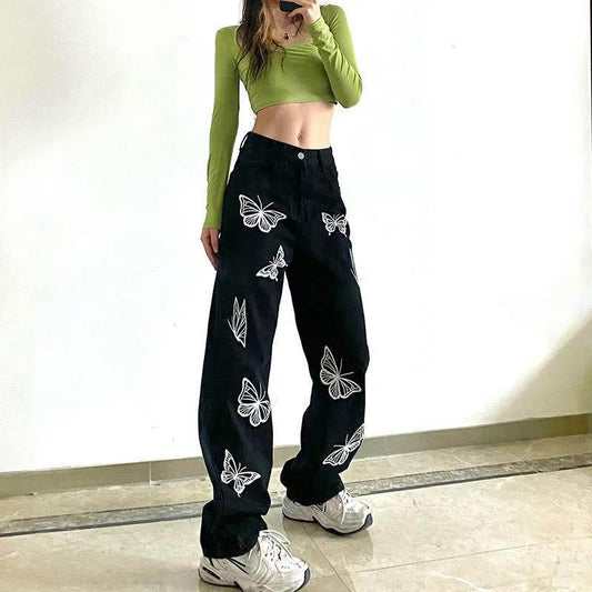 Design Butterfly Personality Print Jeans Female Korean Version of Retro Thin Loose Wild Black Straight Pants Tide