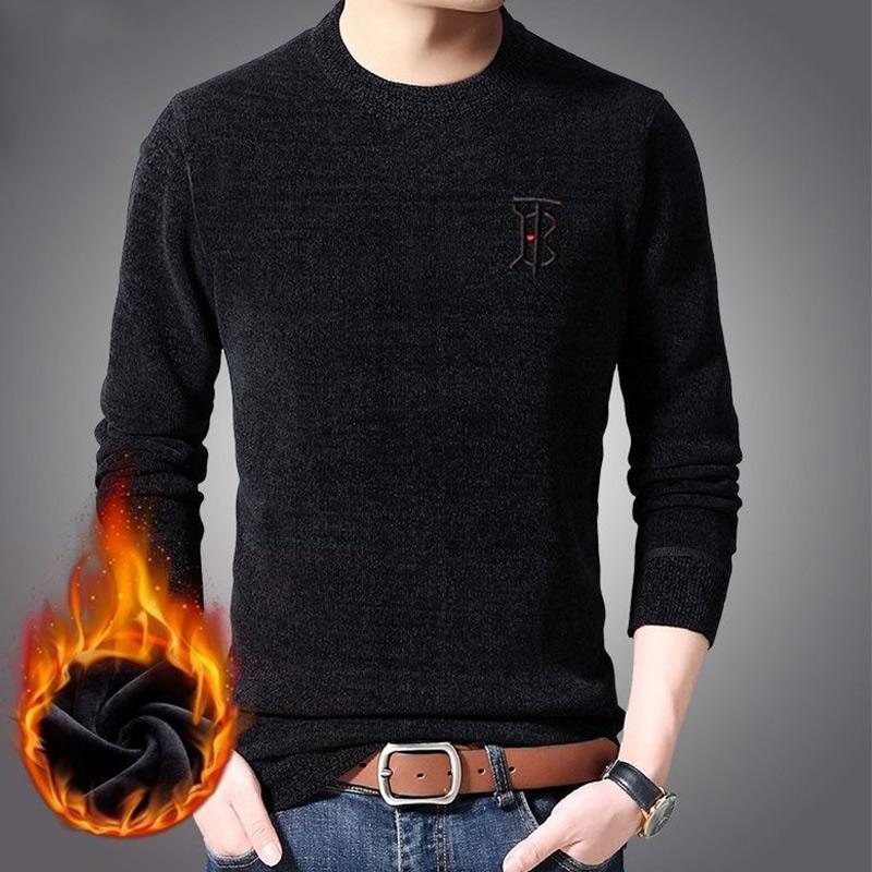 Sweater Young and Middle-aged Plus Velvet Thick Solid Color Warm and Comfortable Winter Round Neck Pullover Men's Bottoming Shirt
