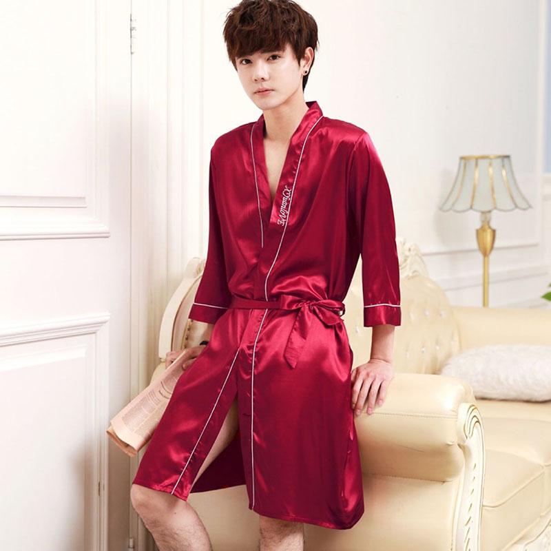 Spring and Summer Korean Version of The Nightgown Men's Bathrobe Silk Pajamas Men's Summer Loose Thin Ice Silk Bathrobe Home Service