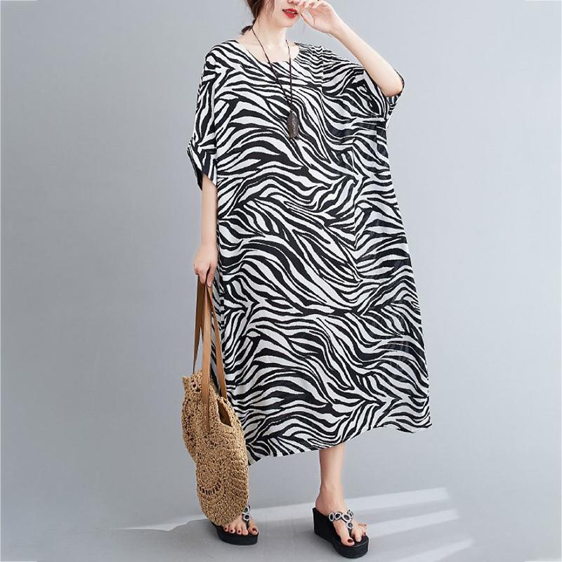 WTEMPO Zebra Pattern Plus Size Ladies Dress Summer Round Neck Long Dress Casual Mid-calf Length