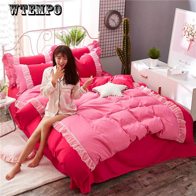 WTEMPO Thick Quilted lace Bedding set Bed set Princess Korean Girls White Pink Bed skirt set