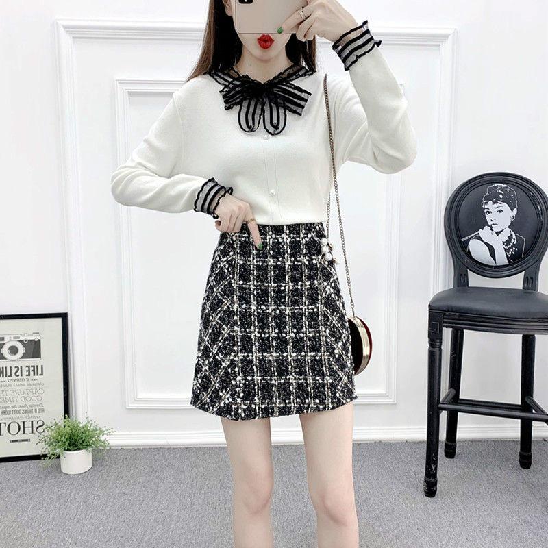 Autumn and Winter Knit Sweater Suit Women Lace Stitching V-neck Sweater Top and Short Plaid Wool Skirt Two-piece Female Elegant Outfits