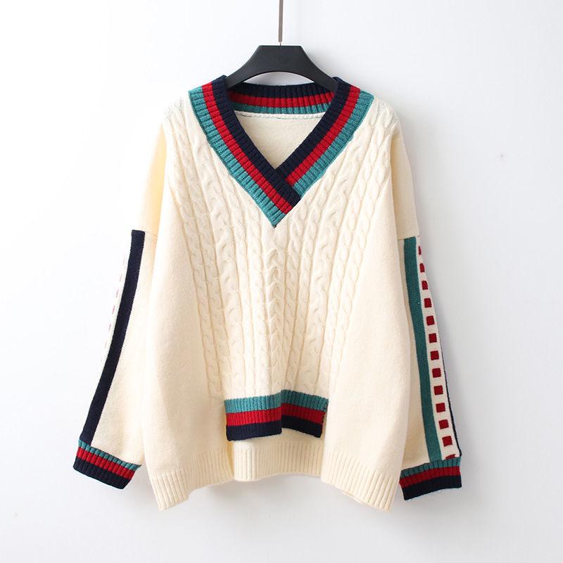 Autumn Japanese Sweater V-neck Fashion Casual Jacket Knitted Striped Youth Women's Top