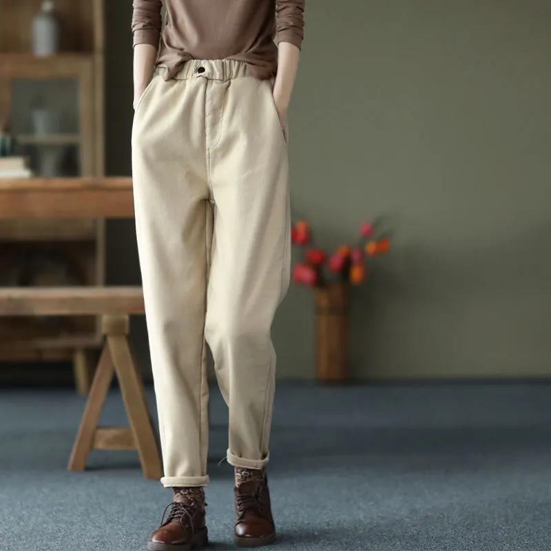 Autumn and Winter Thick Cotton Pants Casual Pants Women Elastic Waist Plus Cashmere Harem Pants Solid Color Fashion Women's Pants