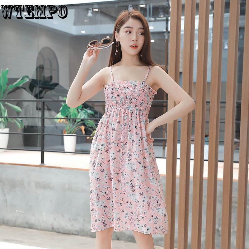 WTEMPO Tube top waist sleeveless strap dress pleated skirt spring and summer wrapped chest slim