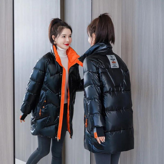 Down Cotton Jacket Winter Loose Korean Color Shiny Face-free Collar Mid-length Cotton Jacket Women