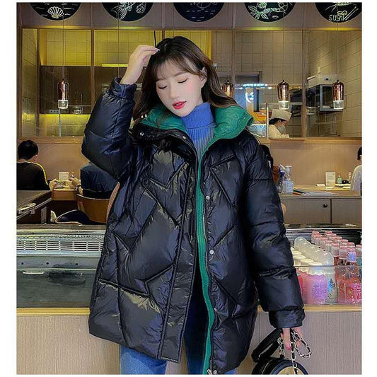 Down Padded Jacket Female Students Korean Version of The Trend of Mid-length Winter Padded Jacket Loose Large Size Bright Surface