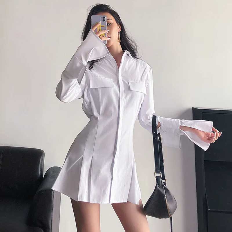 Shirt Flared Dress Women's Long-sleeved Summer Temperament Waist Slim Polo Collar
