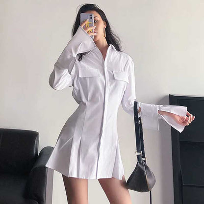 Shirt Flared Dress Women's Long-sleeved Summer Temperament Waist Slim Polo Collar