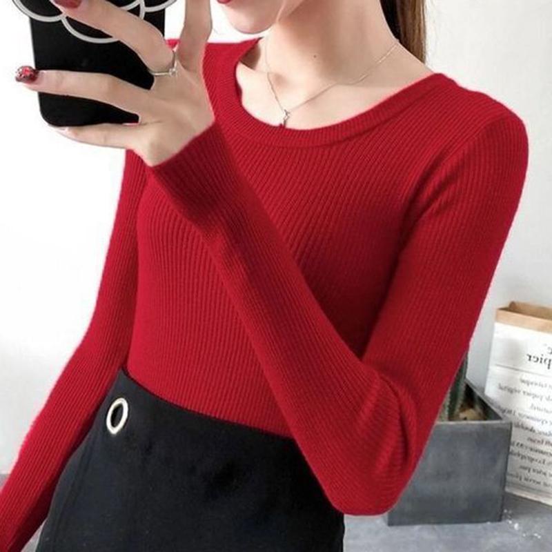 All-match Solid Color Top Women's Thin Soft and Comfortable Sweater Round Neck Pullover Tight-fitting Thin Inner Base Shirt