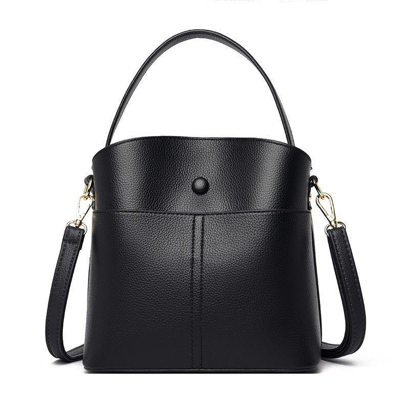 Real Cowhide Women Bucket Bag Casual Female Handbag Portable Multi-Layer Large Capacity Soft Surface 5 Colors