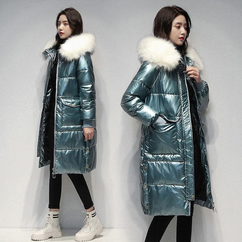 Women's Down Padded Jacket Long Over The Knee Winter Thickening Korean Loose Shiny Cotton Warm Jacket