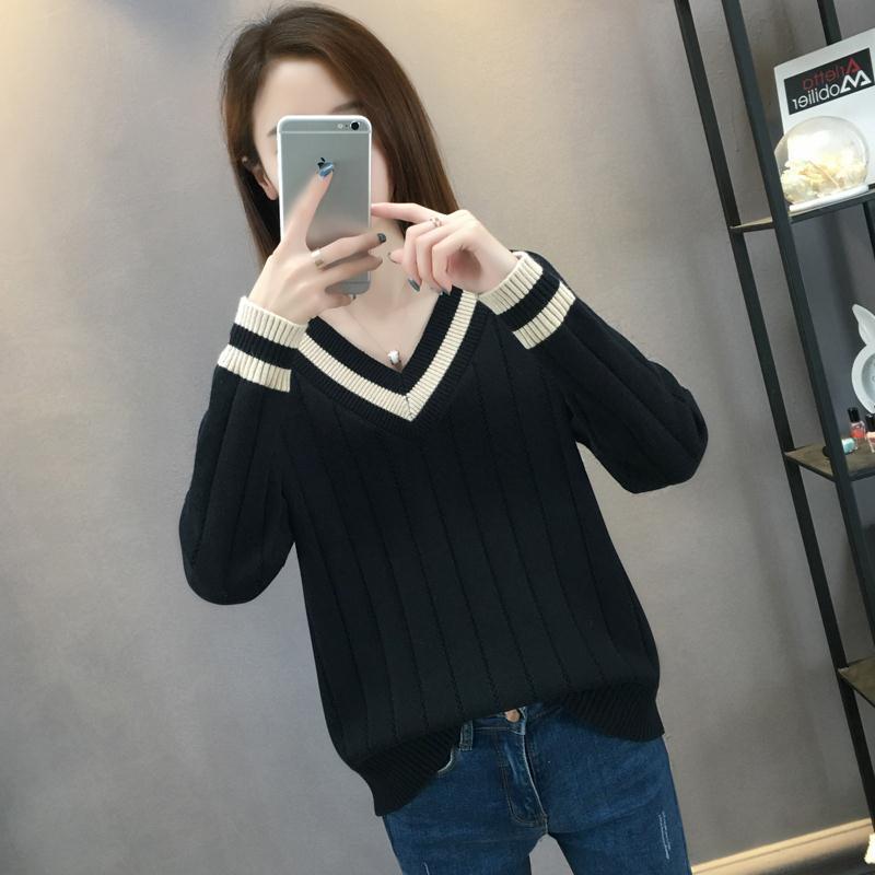 Autumn and Winter V-neck Sweater Fashion Loose Knit Bottoming Shirt Color Matching Female Top