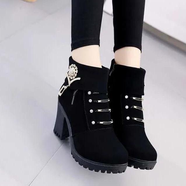 Women Autumn and Winter Short Ankle Boots British Style Solid Color Snow Boots Thick High Heels Martin Boots