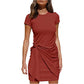 Irregular Dress Women's Short Sleeve Round Neck Pleated Bow Belt