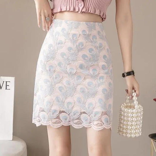 Ladies Elegant Lace Flower Embroidered Skirt Spring Summer High Waist Slim A-line Skirt Pack Hip Skirt Short Skirt