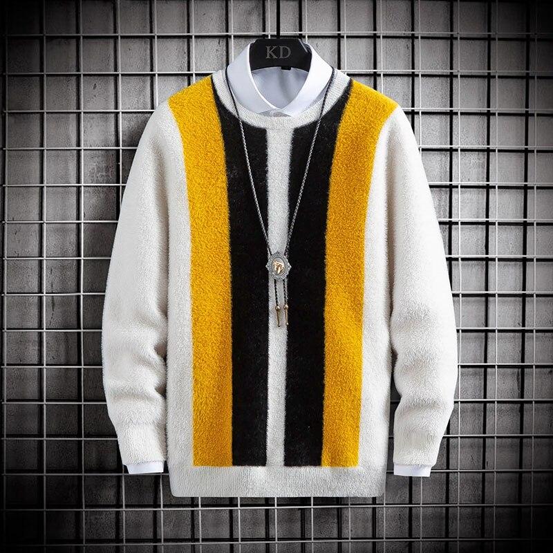 Sweater Men's Clothing Winter Casual Pullover Tops Men Warm Imitation Mink Color Stitching Christmas Sweaters Man
